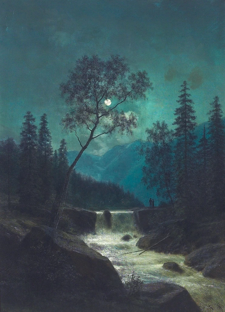Paesaggio di montagna al chiaro di luna con persone in piedi in un fiume